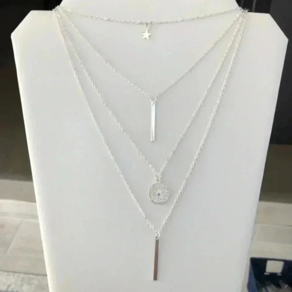 4 Layer Chain Simple Circle Bars Star Silver Fashion Statement Long Necklace NWT